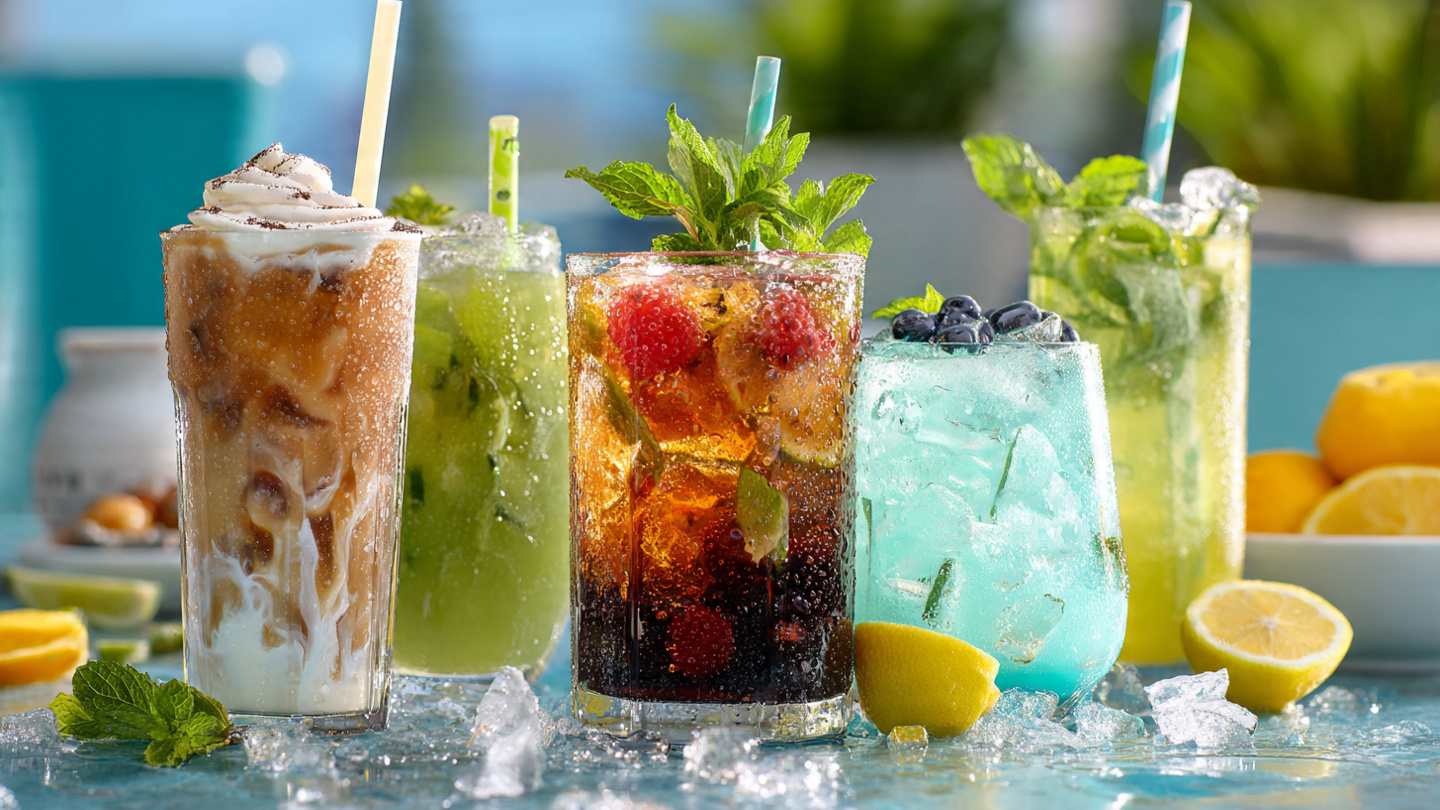 Drinks for any time of day. Smoothies, cocktails, coffee drinks, and refreshing sips.