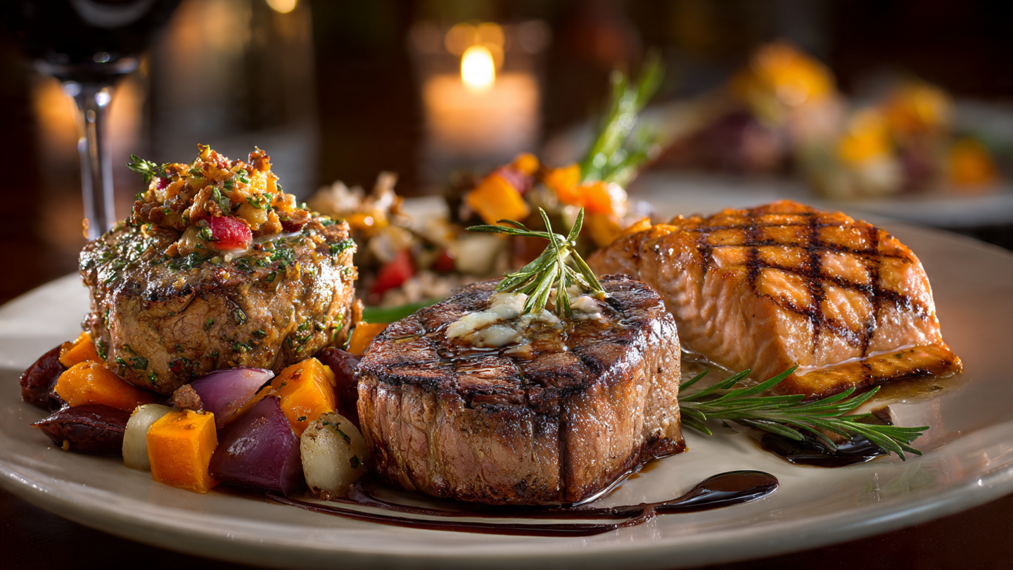 Hearty entrees and centerpiece meals. Complete dishes featuring meat, seafood, pasta, and vegetarian mains.