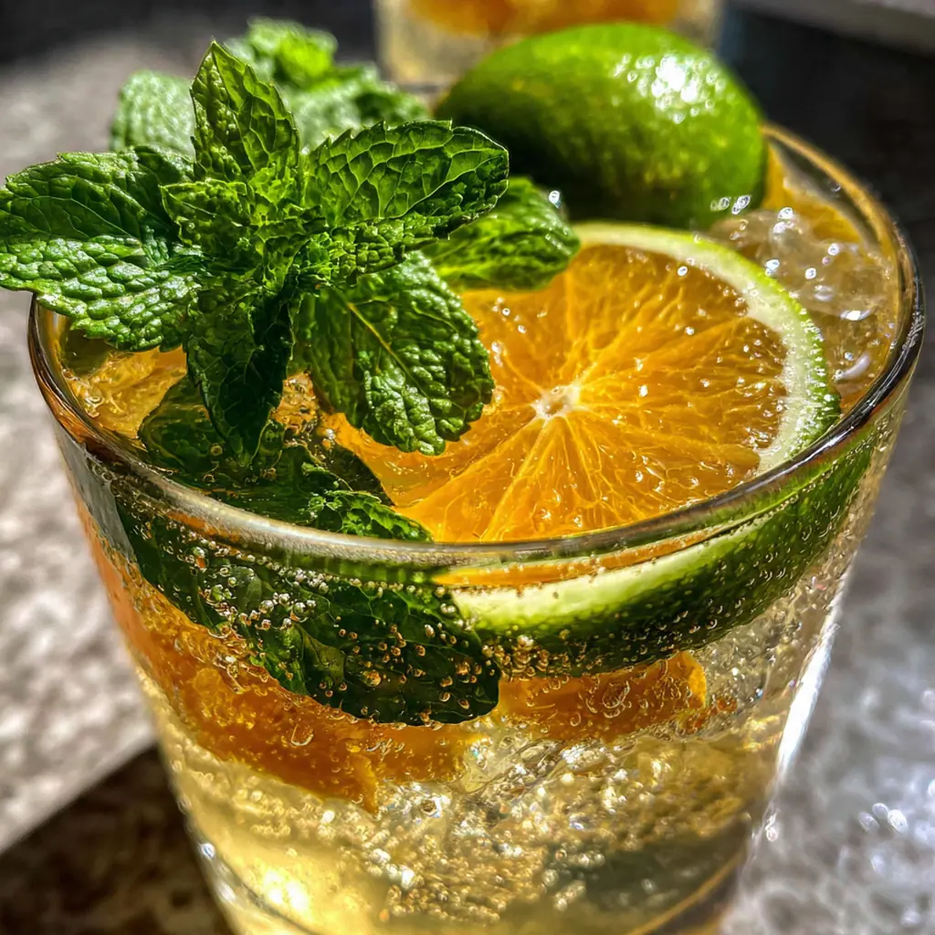 Close-up of bubbles rising in an elegant elderflower cocktail garnished with bright green mint.