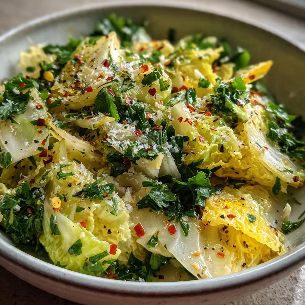 A close-up shot showing the crinkly texture of the wilted Savoy cabbage and bits of bacon.