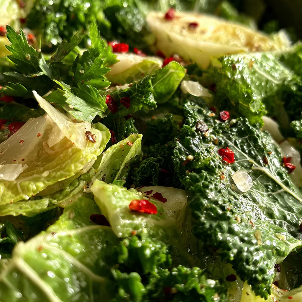 A beautiful white bowl of sautéed Savoy cabbage garnished with fresh parsley, ready to be served.