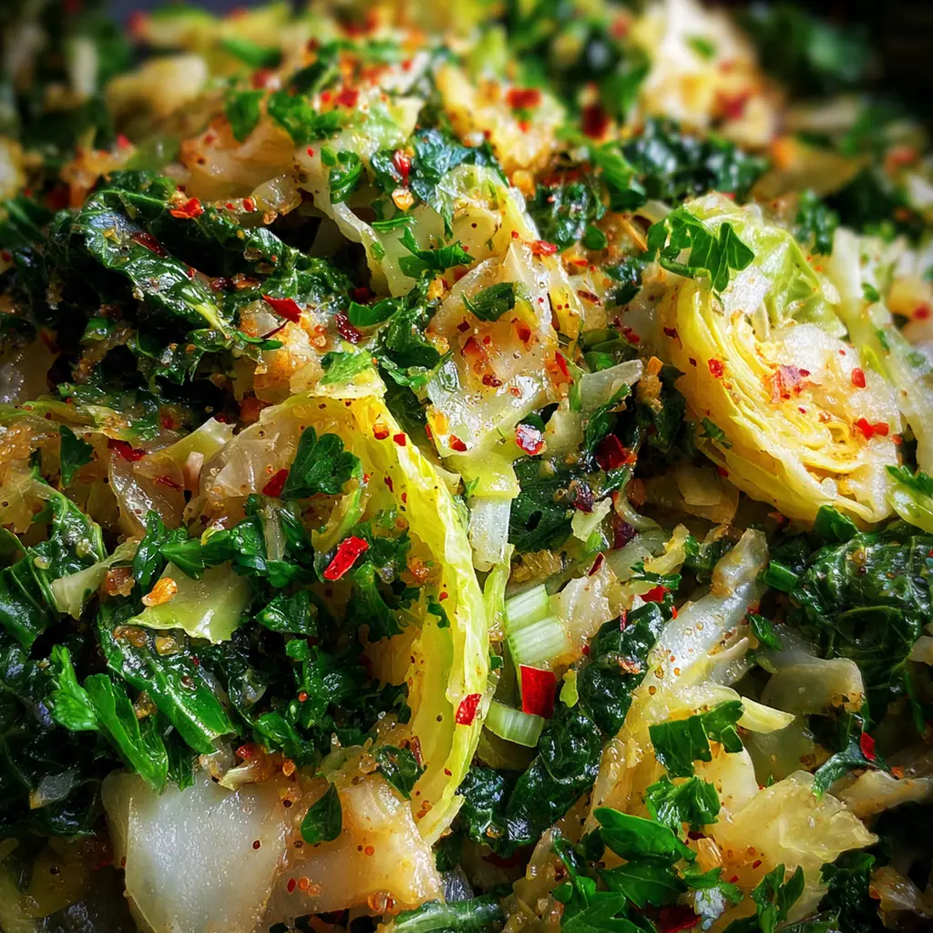 A large skillet filled with tender sautéed Savoy cabbage, crispy bacon, and caraway seeds.