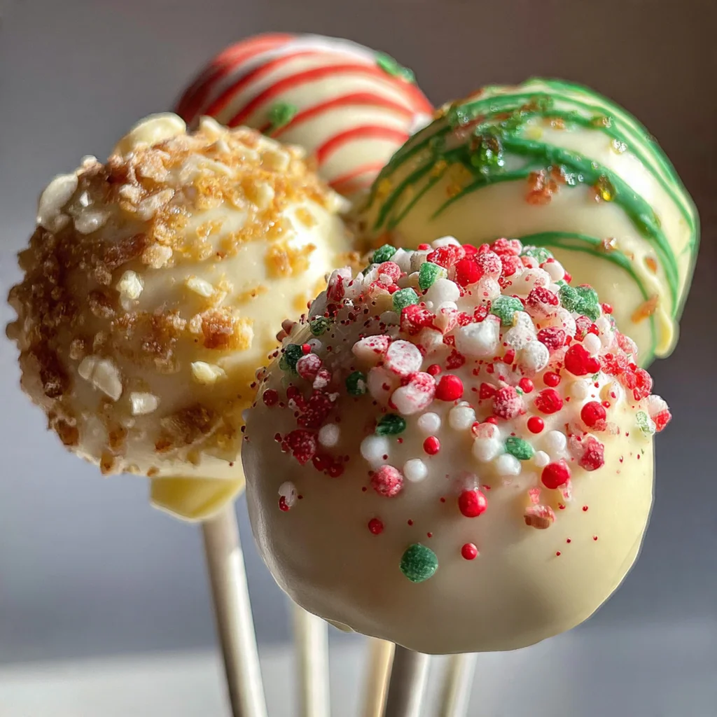 A collection of festive Christmas cake pops with white coating and red green sprinkles on a rustic wooden board