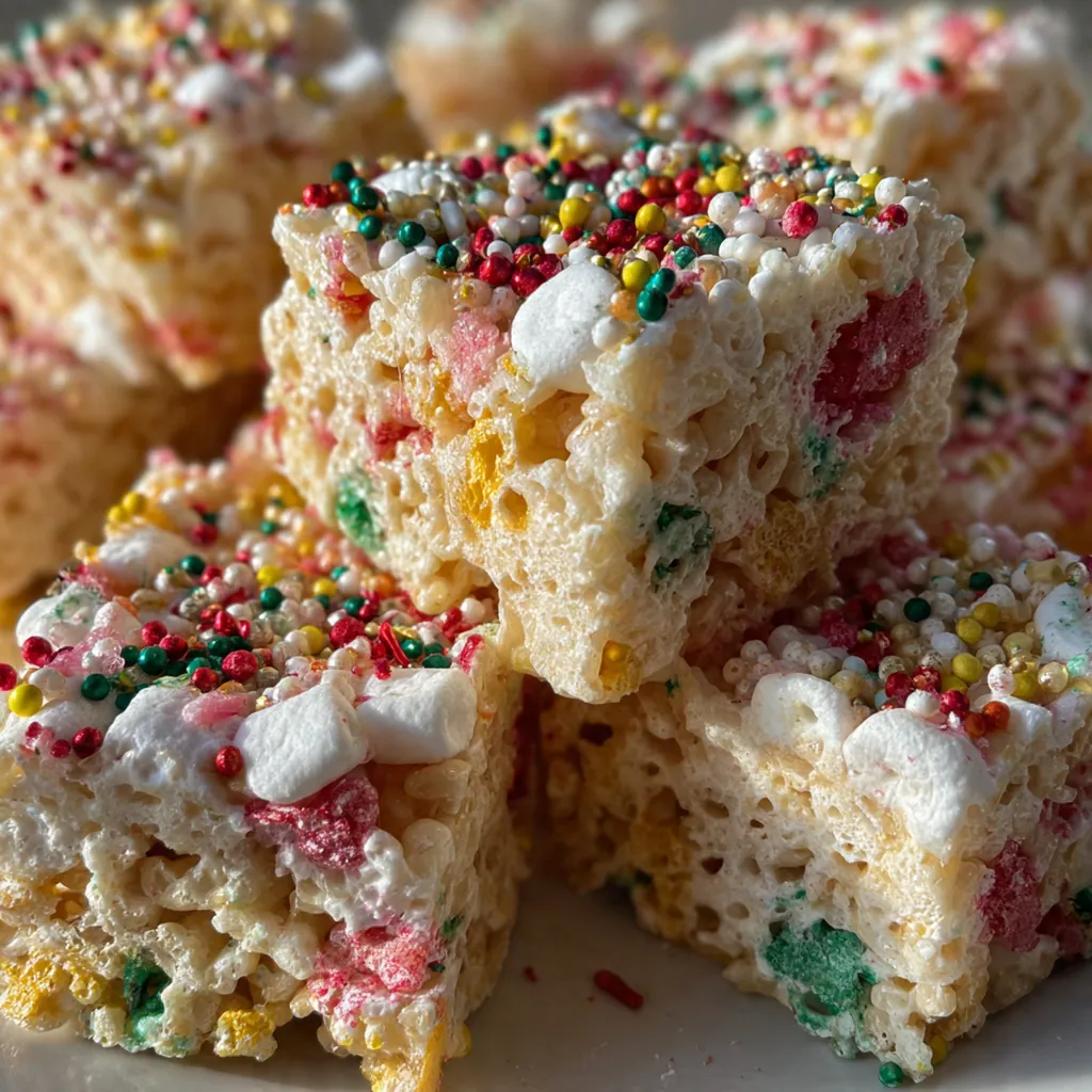 A platter of festive green Christmas Rice Crispy Treats topped with white chocolate and holiday sprinkles.