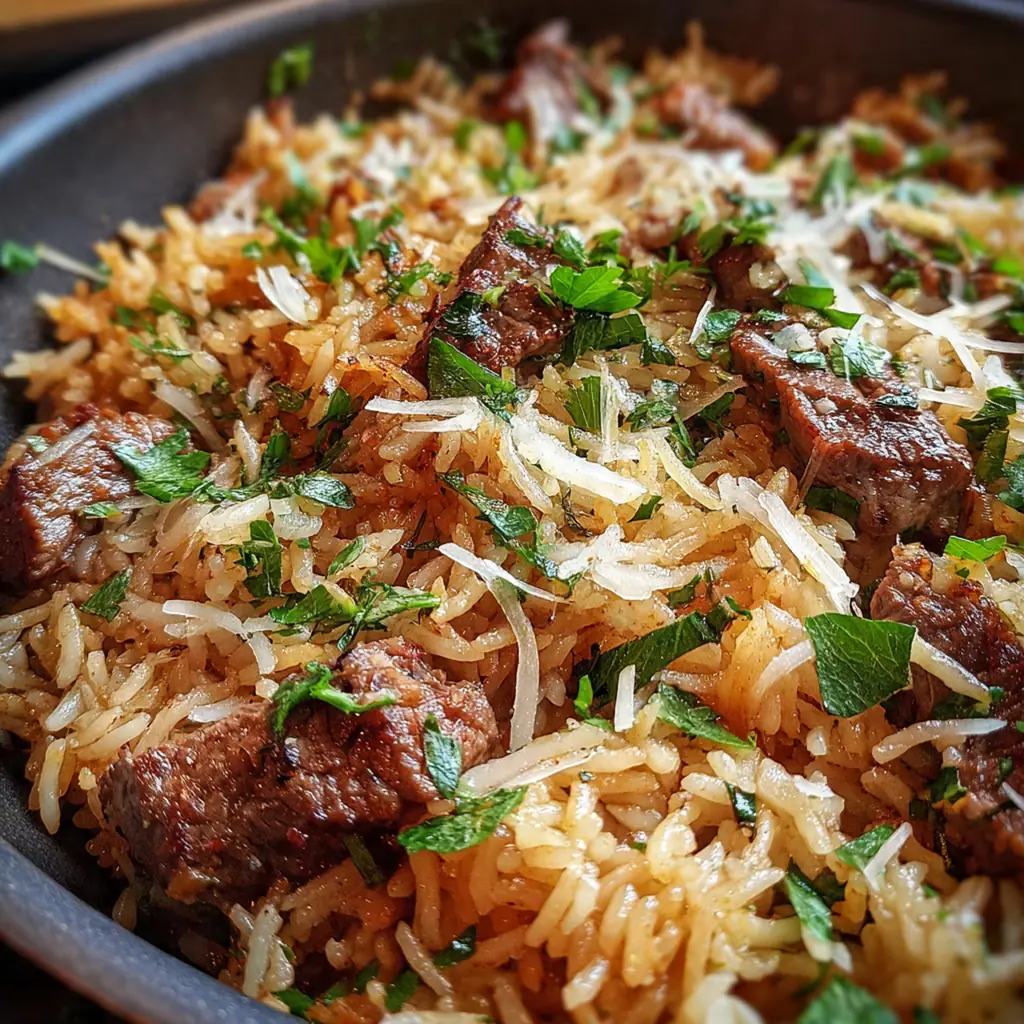 A skillet of French Onion Beef Rice with melted Gruyere cheese bubbling on top