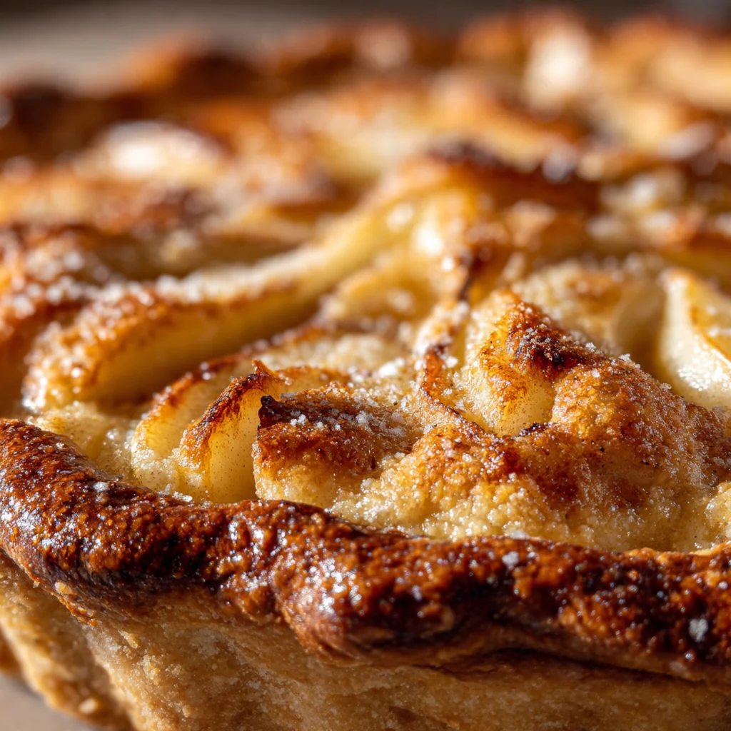 A freshly baked pear pie with a golden, flaky lattice crust on a rustic wooden table