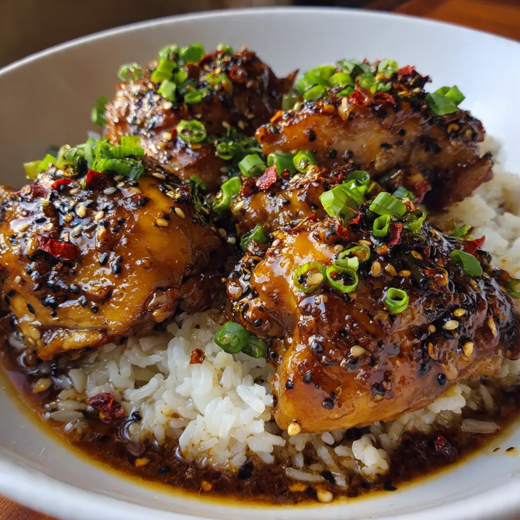 Tender crock pot honey garlic chicken thighs glistening with sticky glaze in a slow cooker