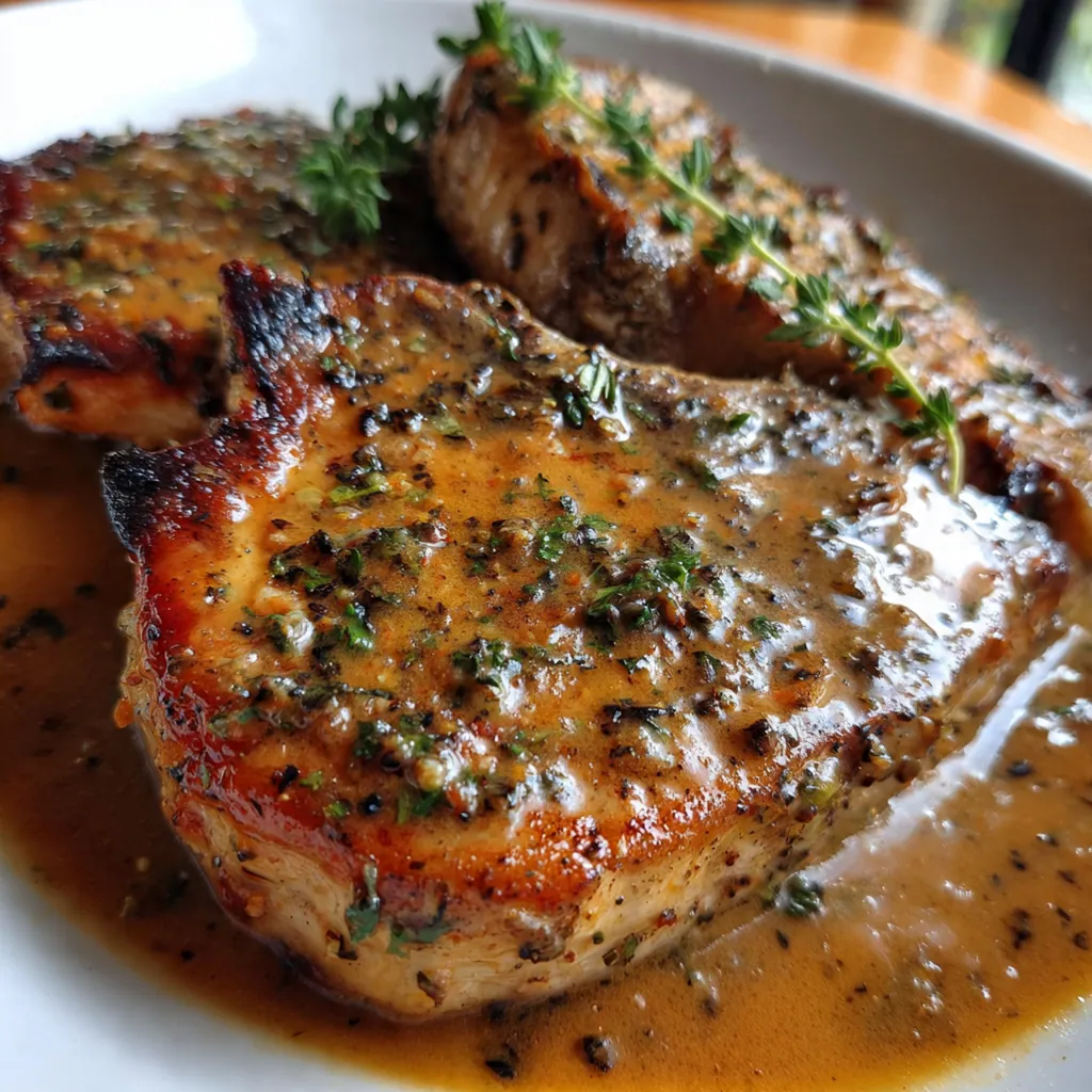 Pan-seared pork chops smothered in rich savory gravy in a cast iron skillet