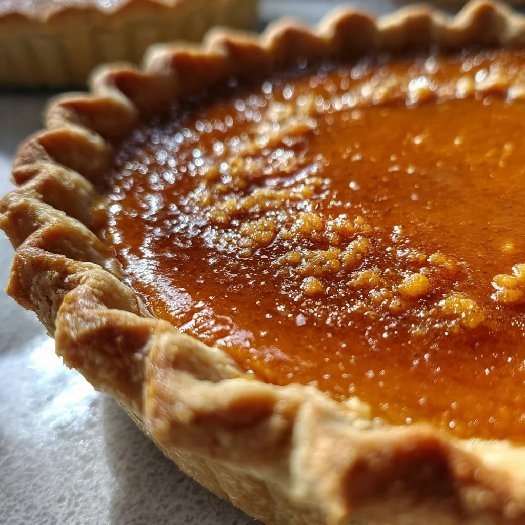 A perfectly baked Sweet Potato Pie I with a flaky, golden crimped crust on a rustic table
