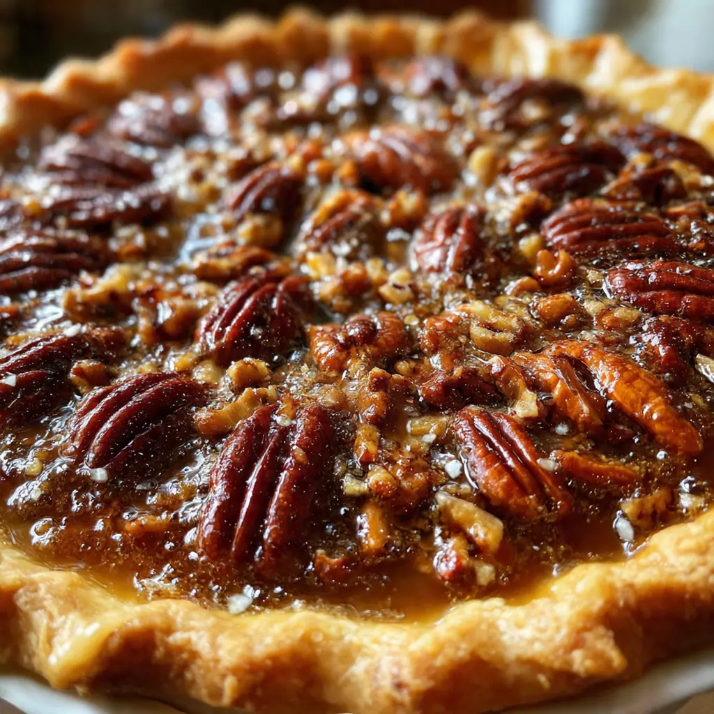 Golden brown Pioneer Woman pecan pie with a flaky crimped crust, fresh from the oven