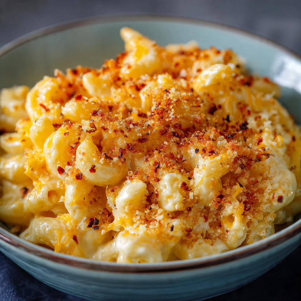 A cast iron skillet of baked Southern mac and cheese with a bubbly golden crust and melted cheese pulling from the center