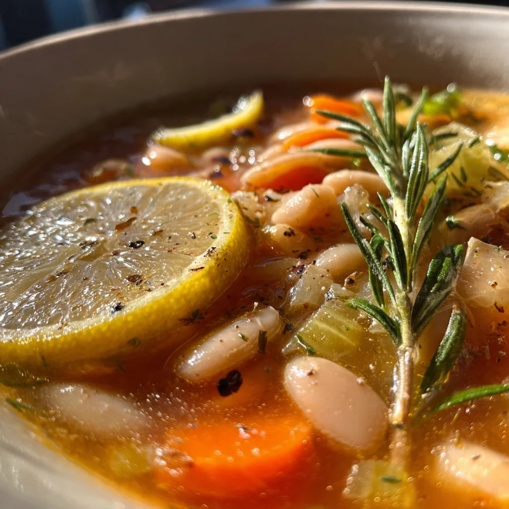 Close-up of a spoon dipping into vibrant soup filled with white beans and spinach