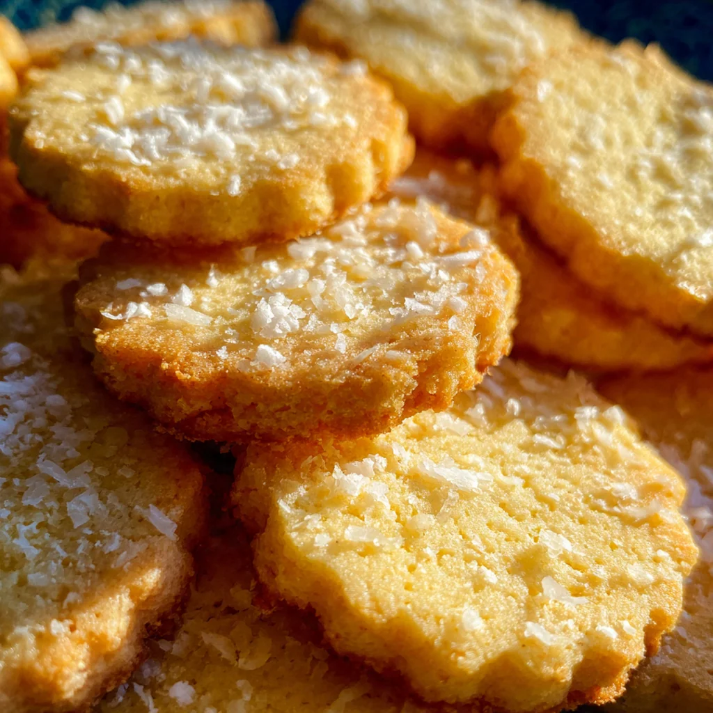 A stack of Granny's shortbread cookies with a drizzled chocolate finish next to a steaming cup of tea