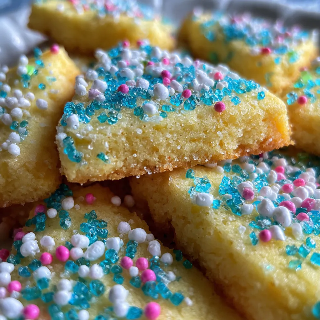 Close-up of a buttery shortbread cookie with a delicate fork-pricked pattern and a light dusting of sparkling sugar