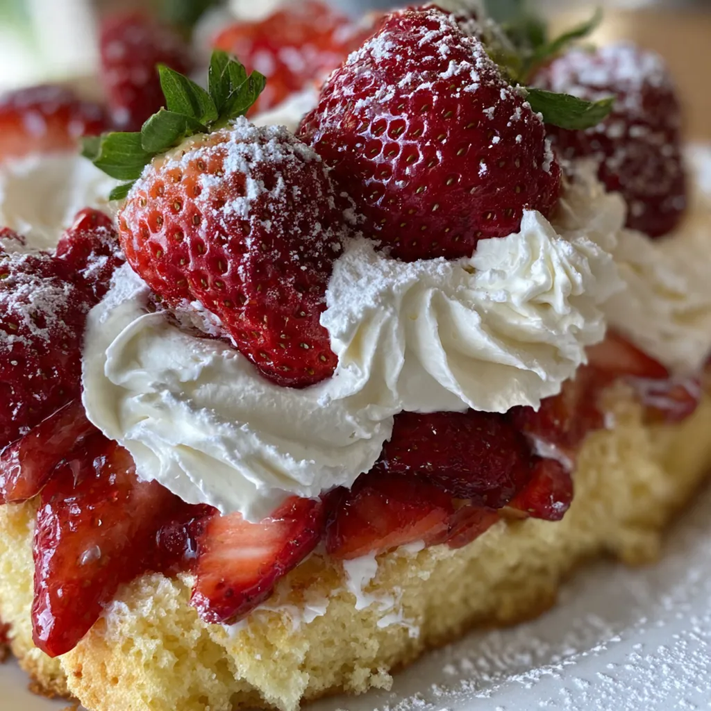 Close-up of a spoon drizzling syrupy macerated strawberries over a tender, buttery shortcake