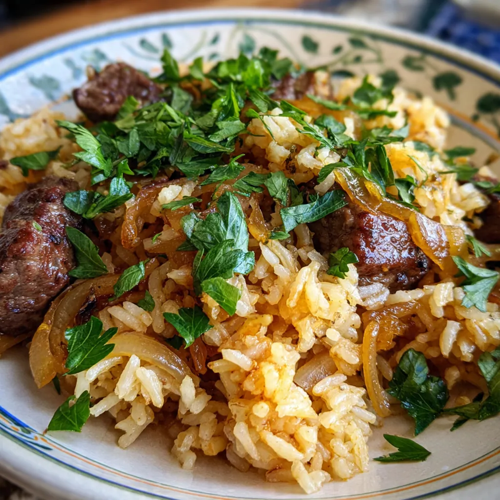 Close-up of a fork pulling up tender beef, caramelized onions, and fluffy rice