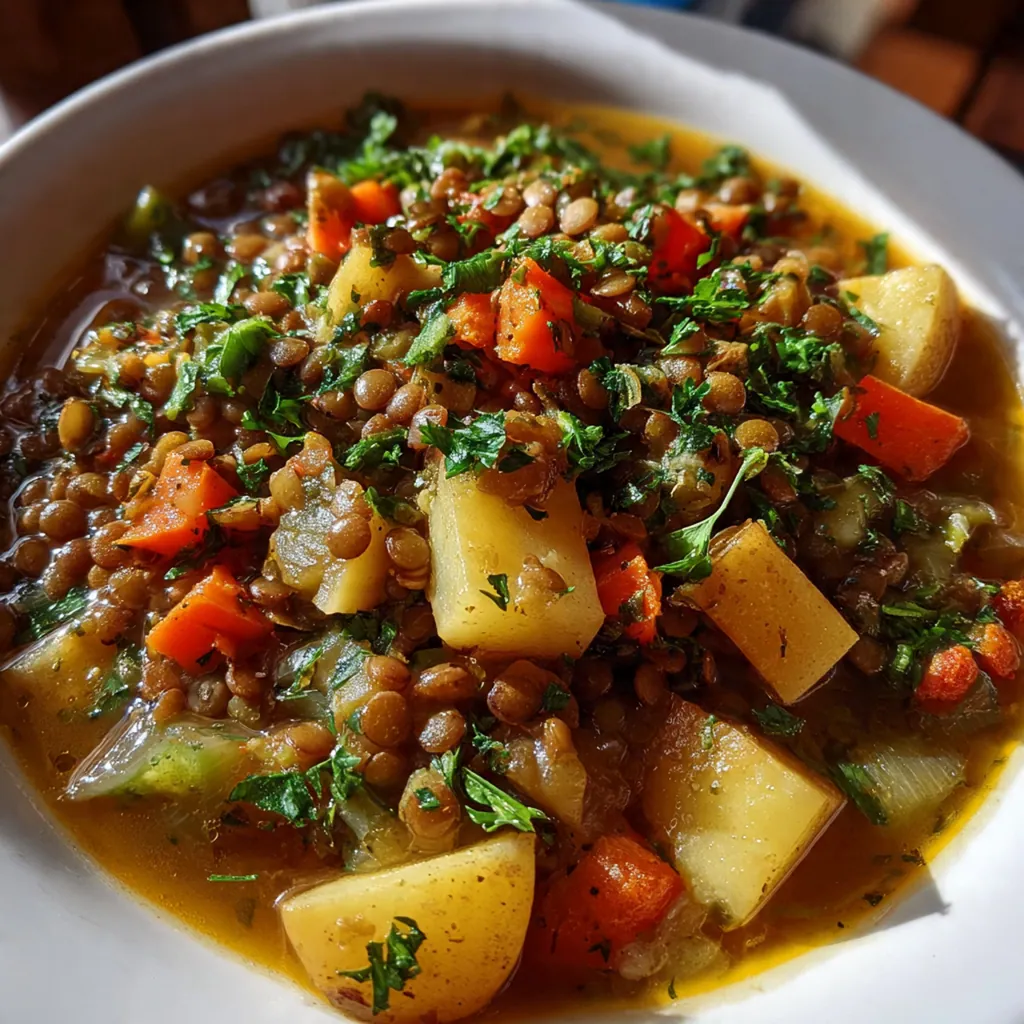 Close-up of a spoon lifting tender potatoes and lentils from a rustic Dutch oven