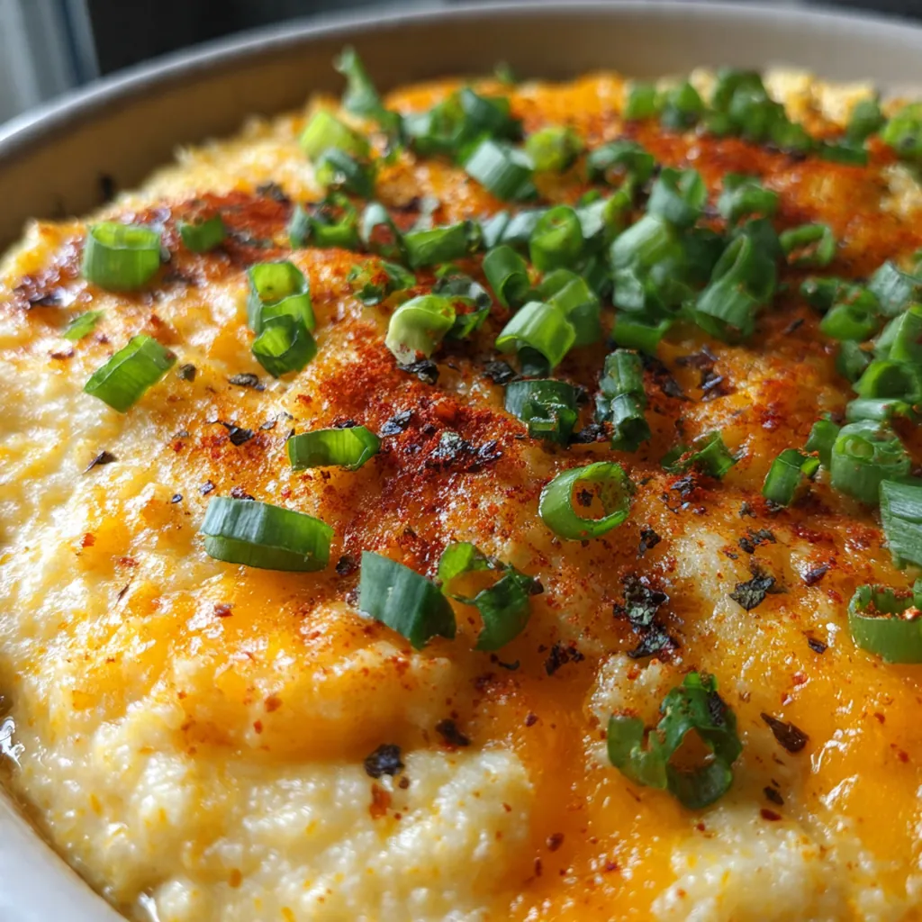 Close-up of a serving spoon cutting into the creamy casserole, revealing layers of rich, cheesy grits