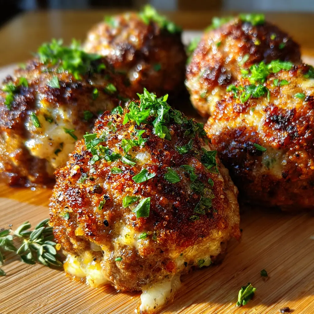 Close-up of a fork pulling apart a tender baked meatball covered in rich onion gravy