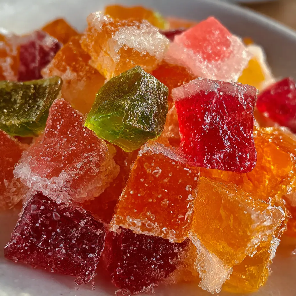 Hand holding a homemade gummy bear against a backdrop of fruit juice bottles and ingredients