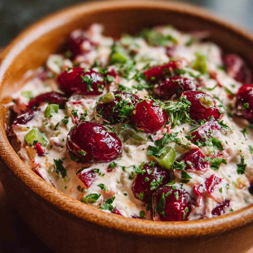 A festive holiday spread featuring the bright red dip alongside crackers, cheese, and fresh vegetables