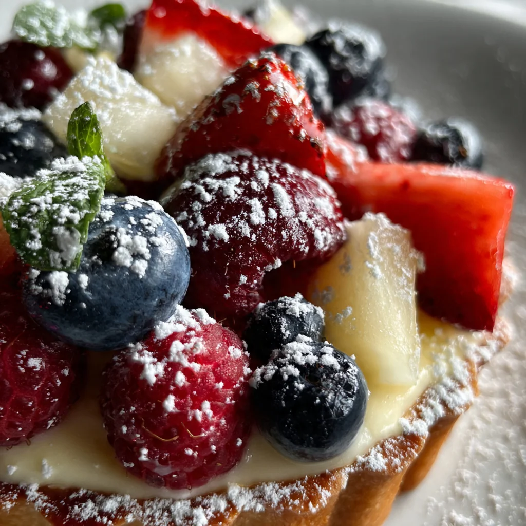 Close-up slice of fruit tart showing the layers of crisp crust, thick pastry cream, and vibrant strawberries, raspberries, and blueberries.