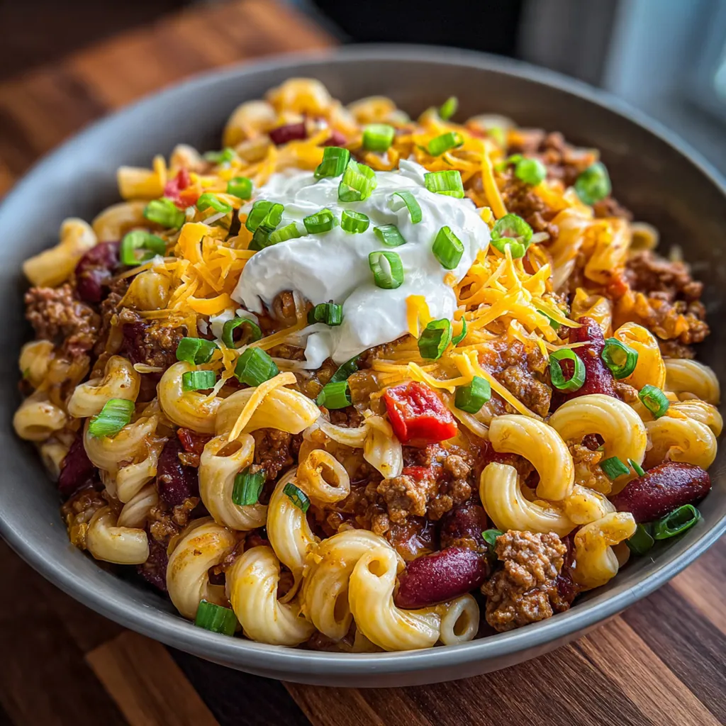 Close-up of a spoonful of chili mac showing tender pasta, ground beef, beans, and rich sauce