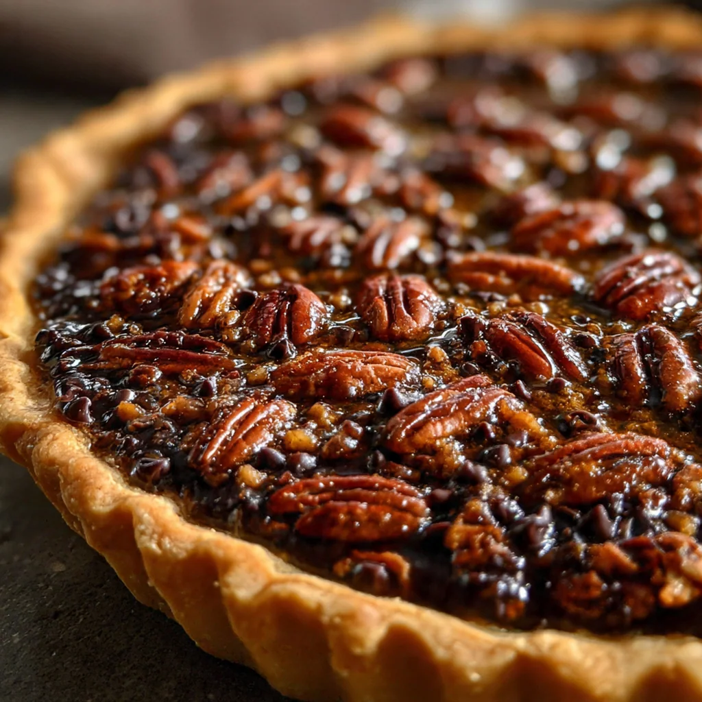 Close-up of the rich chocolate and pecan filling with a dollop of whipped cream