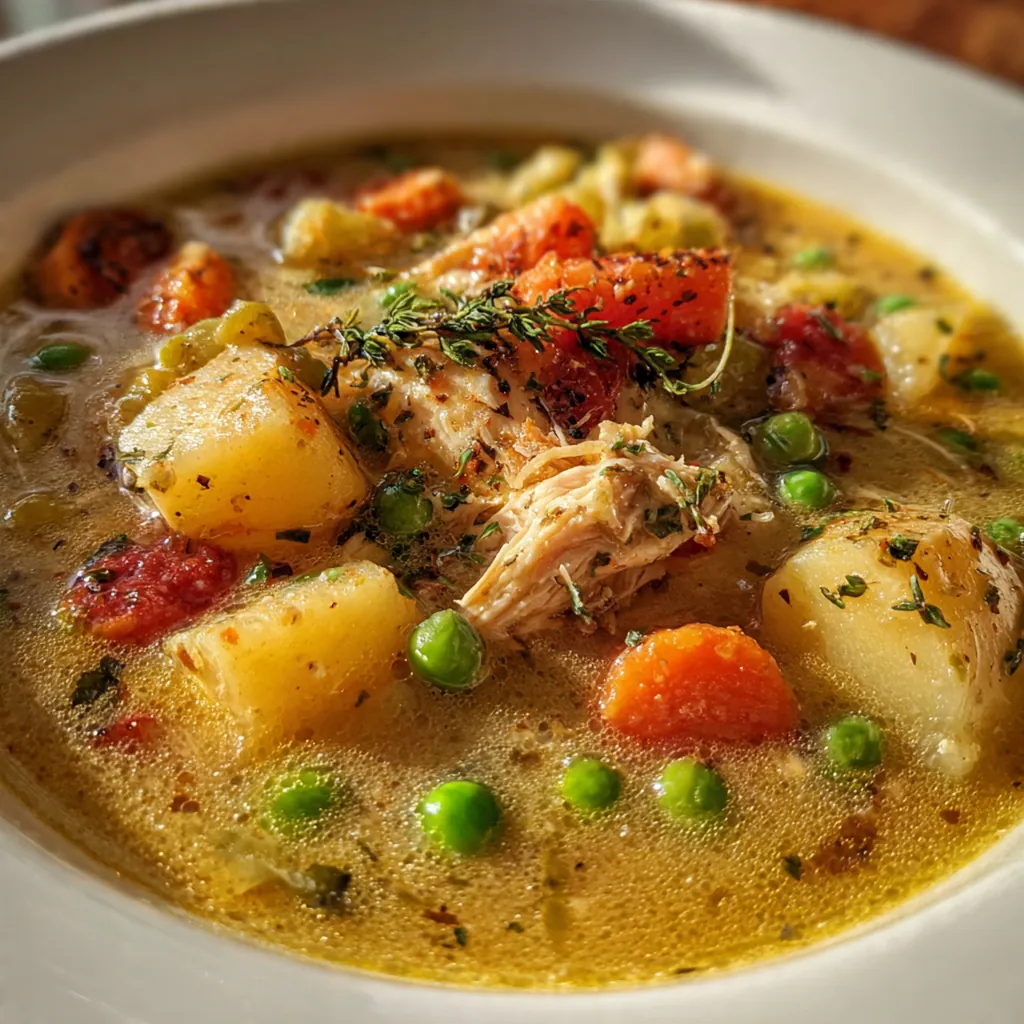 Overhead view of a Dutch oven filled with homemade chicken pot pie soup, steam rising from the surface