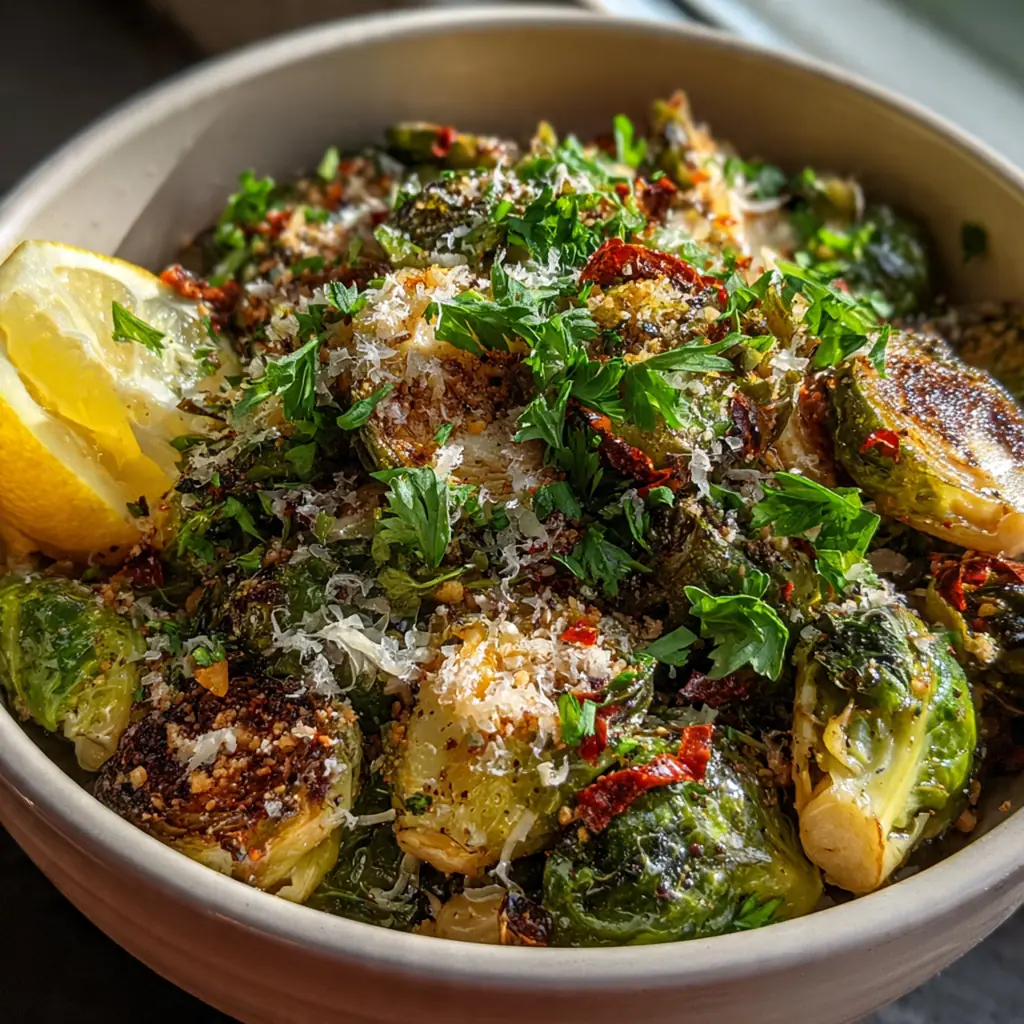 Air fryer basket filled with perfectly cooked Brussels sprouts next to a saucepan of reduced balsamic glaze