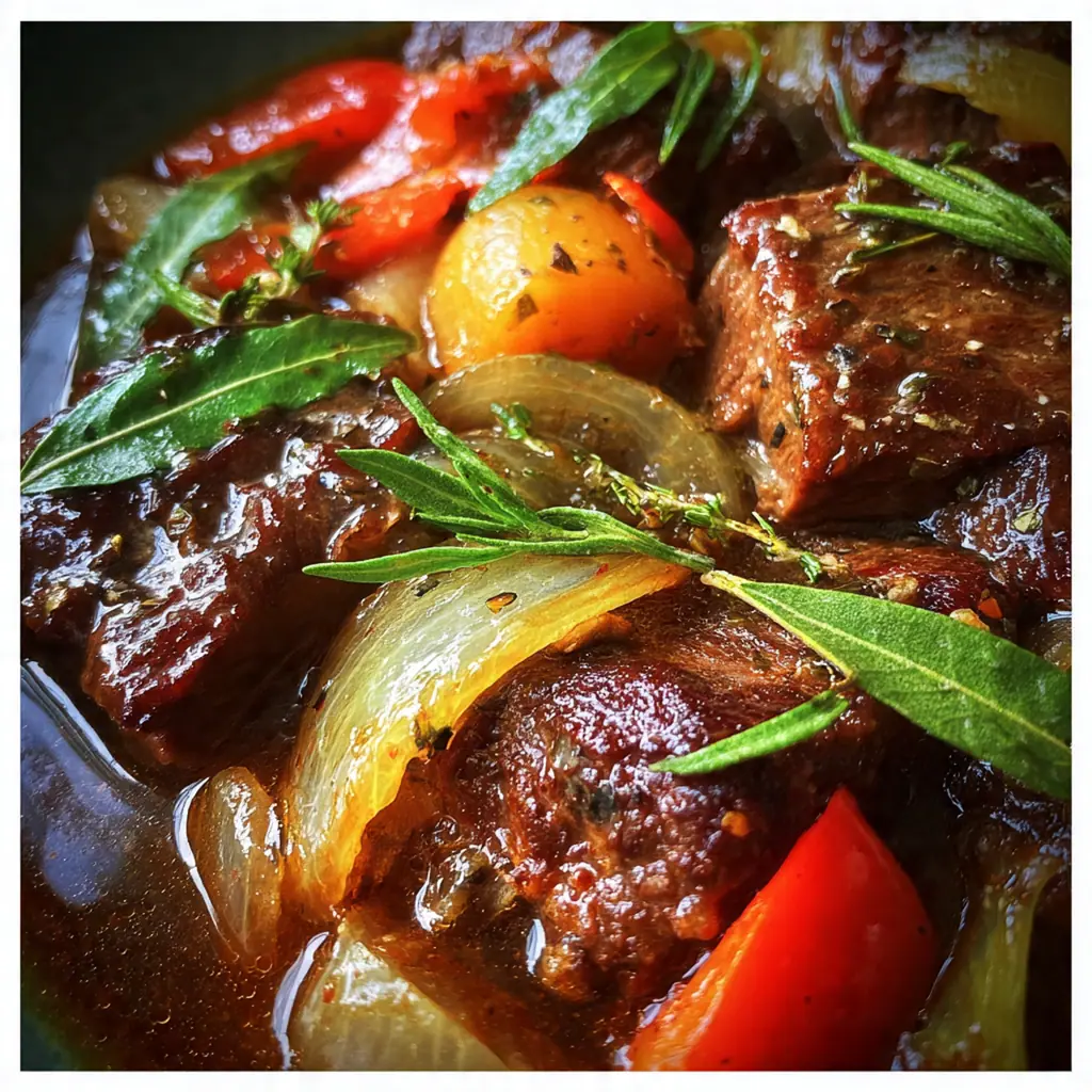 An overhead shot of ingredients for slow cooker steak including beef cubes, onions, and carrots ready to cook