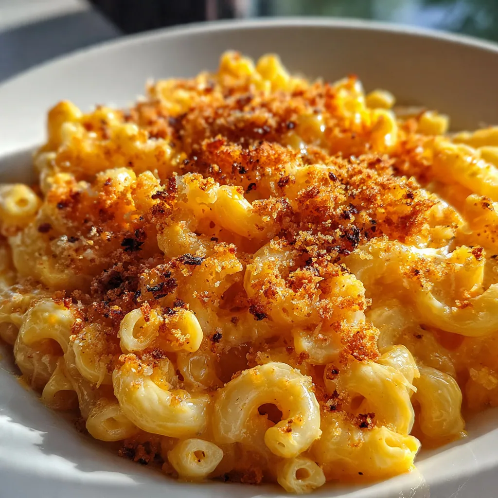 A comforting family-style dinner plate with a generous portion of baked mac and cheese next to a simple green salad