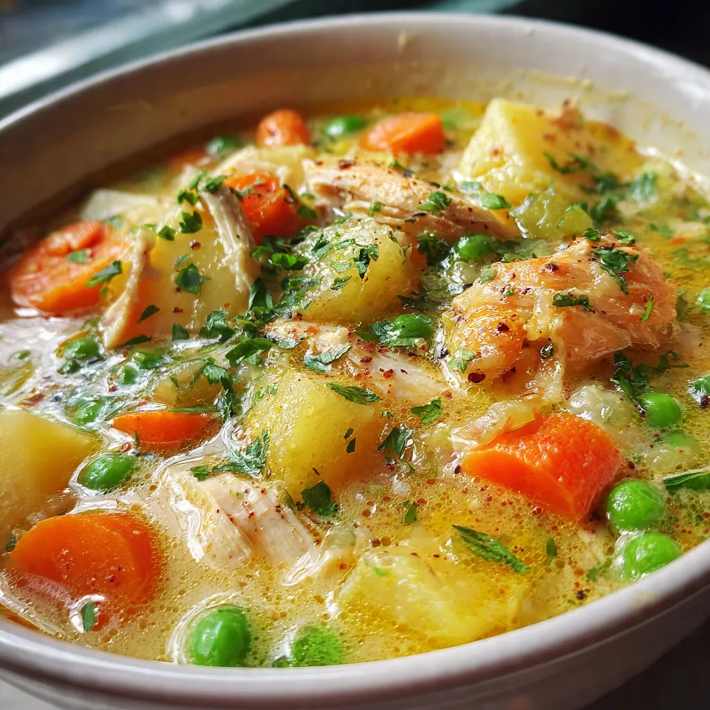 Close-up of a spoon dipping into thick soup filled with carrots, peas, and chunks of tender chicken