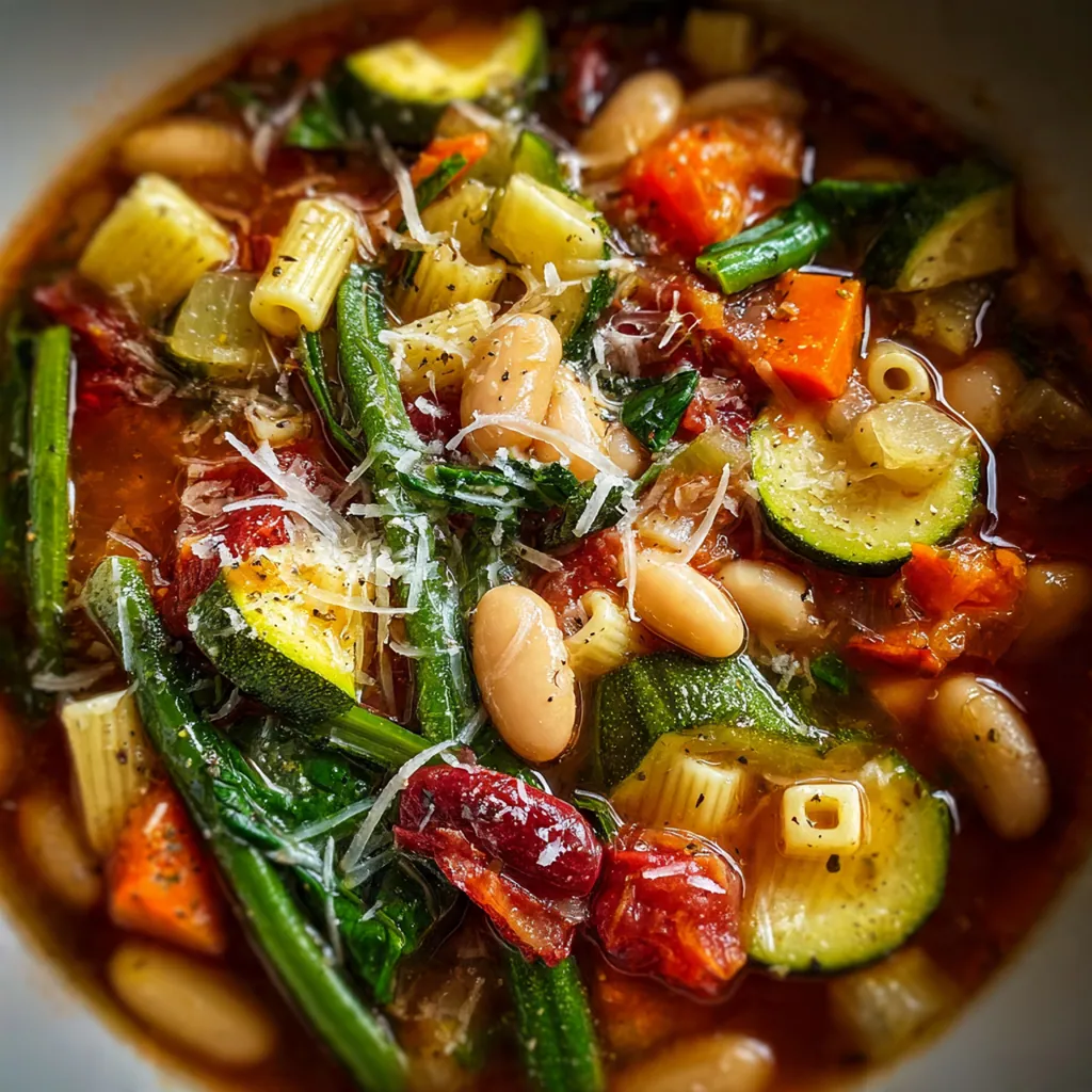 Overhead shot of rustic ingredients for minestrone soup including celery, onion, and cannellini beans