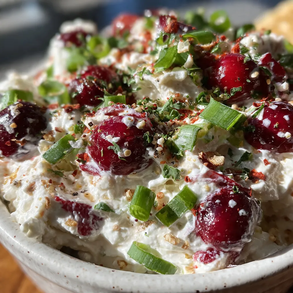 Close-up of a tortilla chip scooping into the textured sweet and spicy cranberry dip