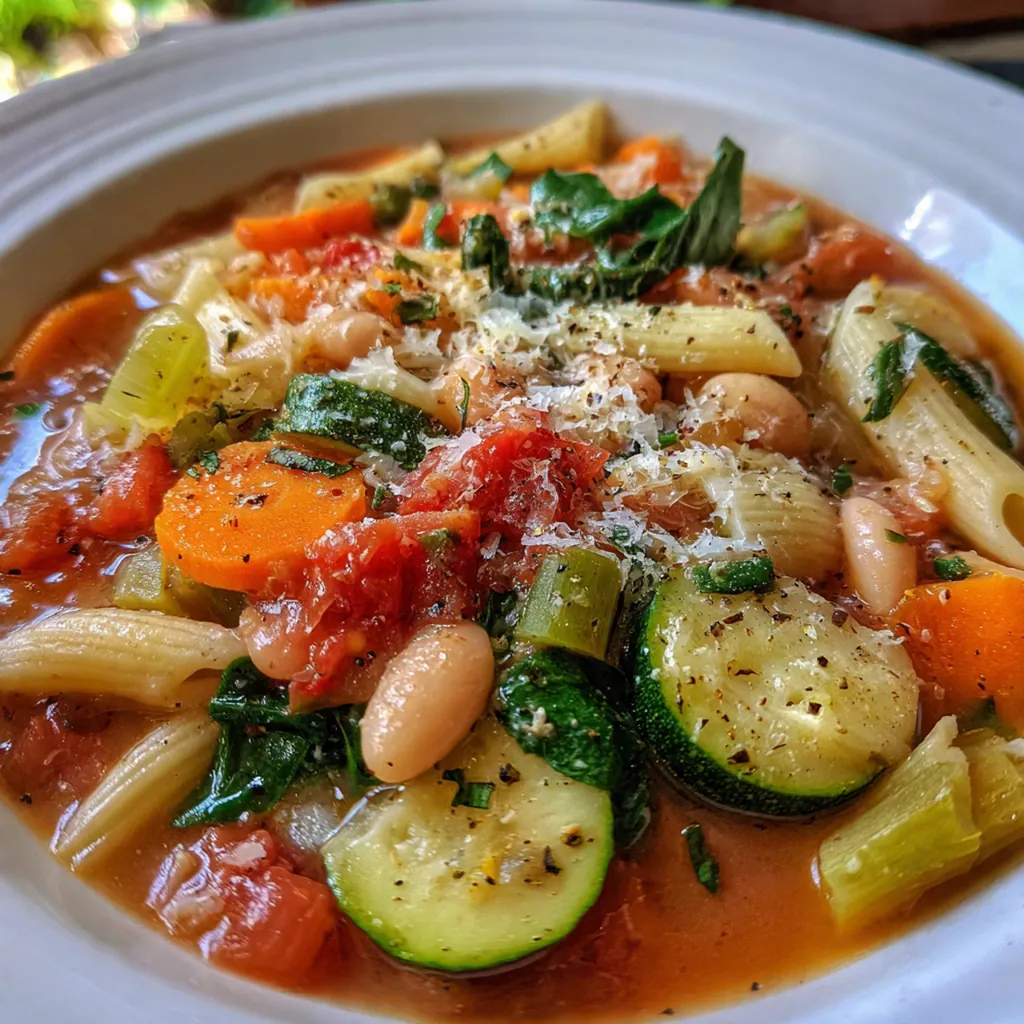 Close-up of a spoonful of hearty minestrone with ditalini pasta and wilted spinach in rich tomato broth