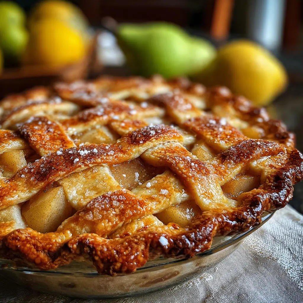 Overhead view of ingredients for pear pie including fresh pears, flour, butter, and cinnamon