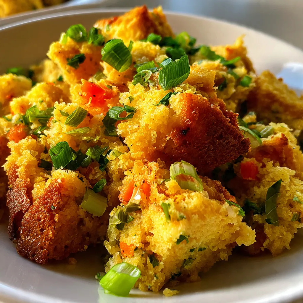 Close-up of a spoon scooping into moist, savory cornbread dressing with visible pieces of celery and onion