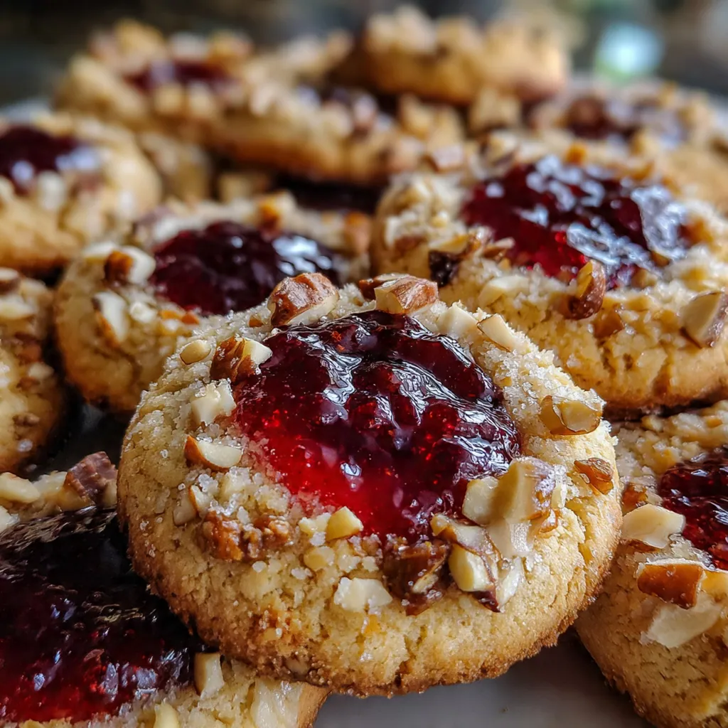 Close-up shot of a single buttery thumbprint cookie with a perfect pool of glossy strawberry jam in its center