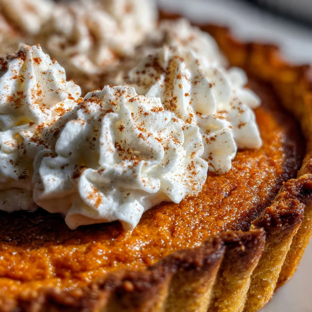 Whole sweet potato pie dusted with cinnamon next to a bowl of freshly whipped cream and a scooping spoon