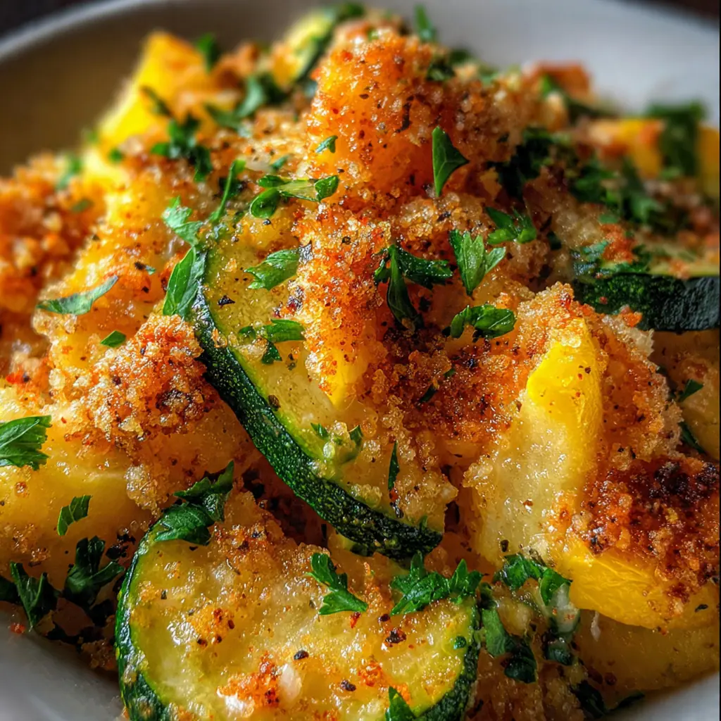Close-up of a serving spoon cutting into the creamy squash casserole with visible layers of cheese and tender squash