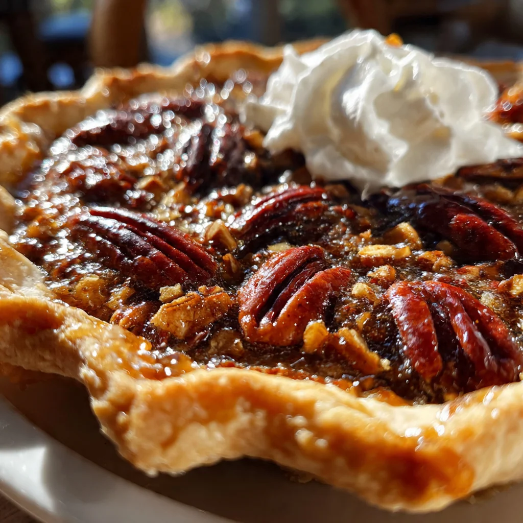 A close-up slice of pecan pie on a plate with melting vanilla ice cream and a drizzle of caramel