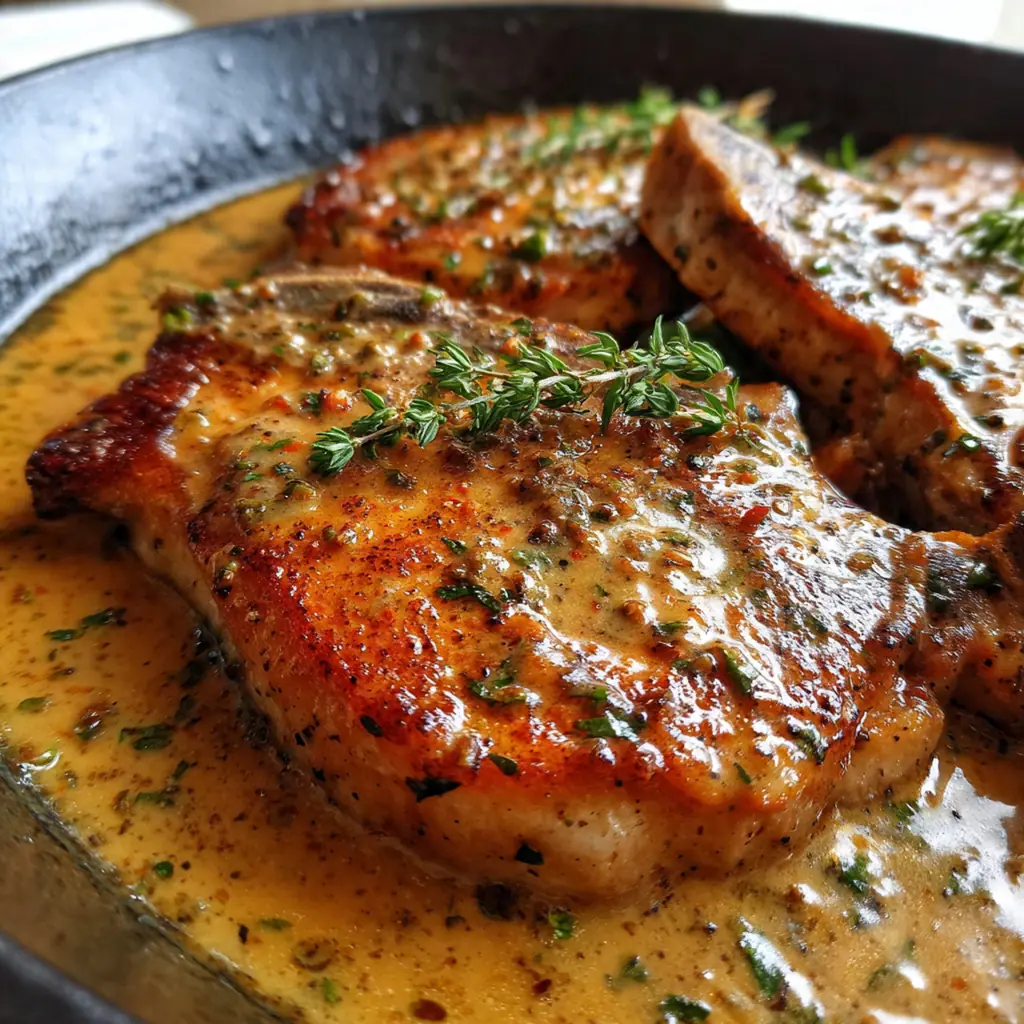 A comforting dinner plate featuring a pork chop with gravy, mashed potatoes, and green beans