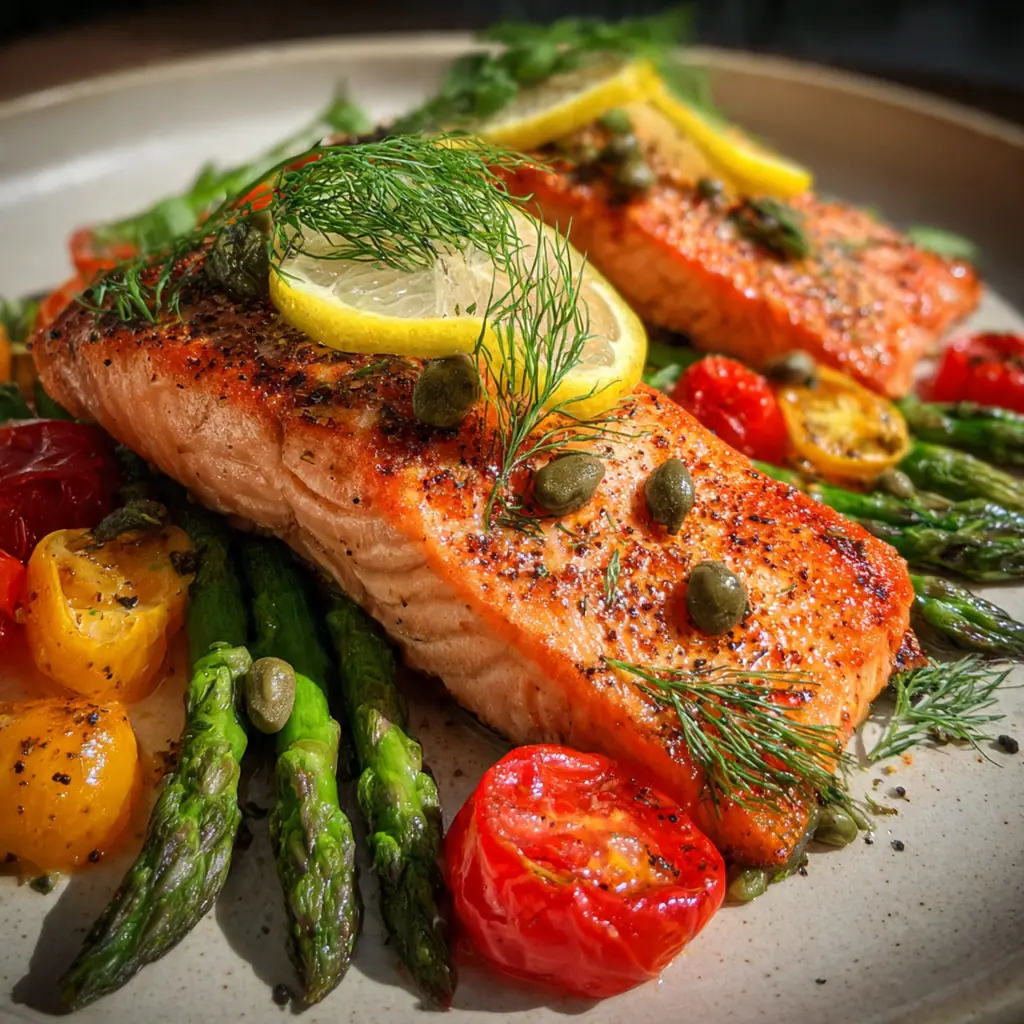 A beautiful dinner plate featuring pan fried salmon with roasted potatoes, asparagus, and a lemon wedge