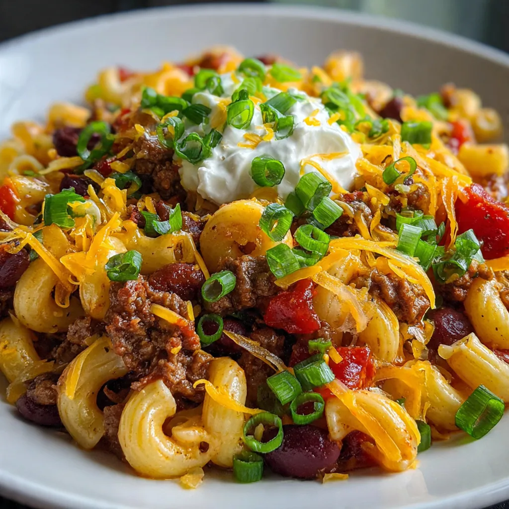 A colorful bowl of chili mac topped with green onions, sour cream, and fresh cilantro