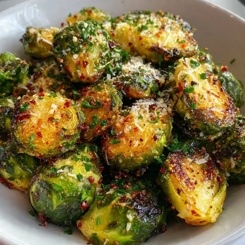 Close-up of halved Brussels sprouts with crispy edges and flecks of Parmesan cheese and parsley