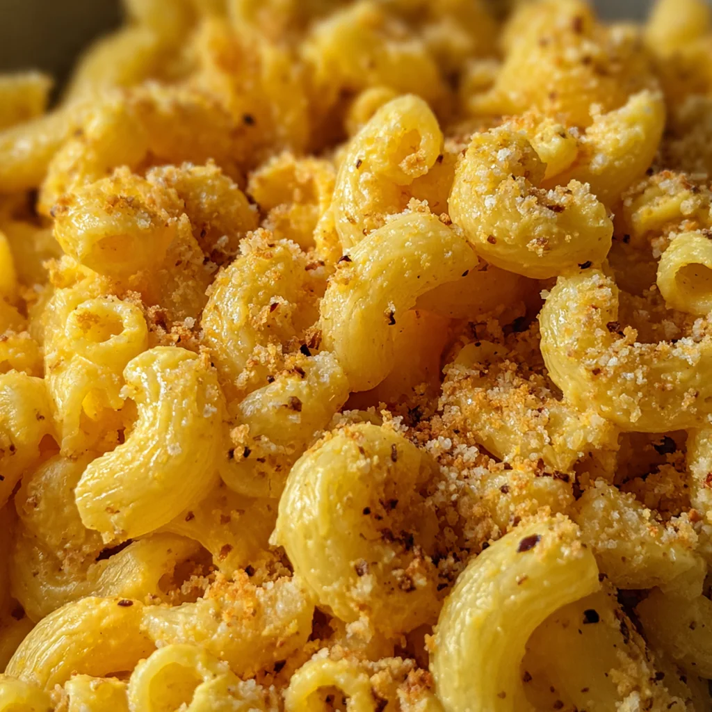 Close-up view of a spoon pulling up creamy, cheesy elbow macaroni with strands of melted cheese