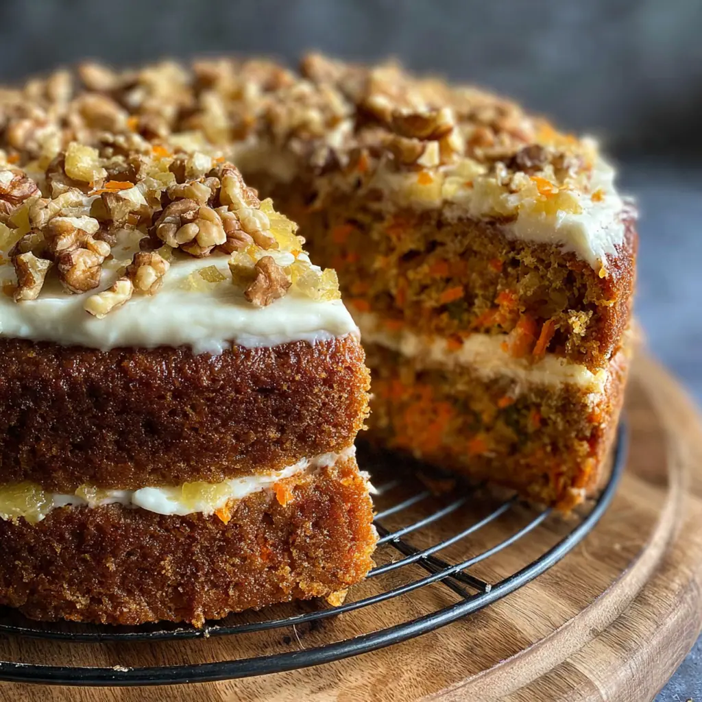 Close-up slice of moist carrot cake showing specks of carrot, pineapple, and walnuts