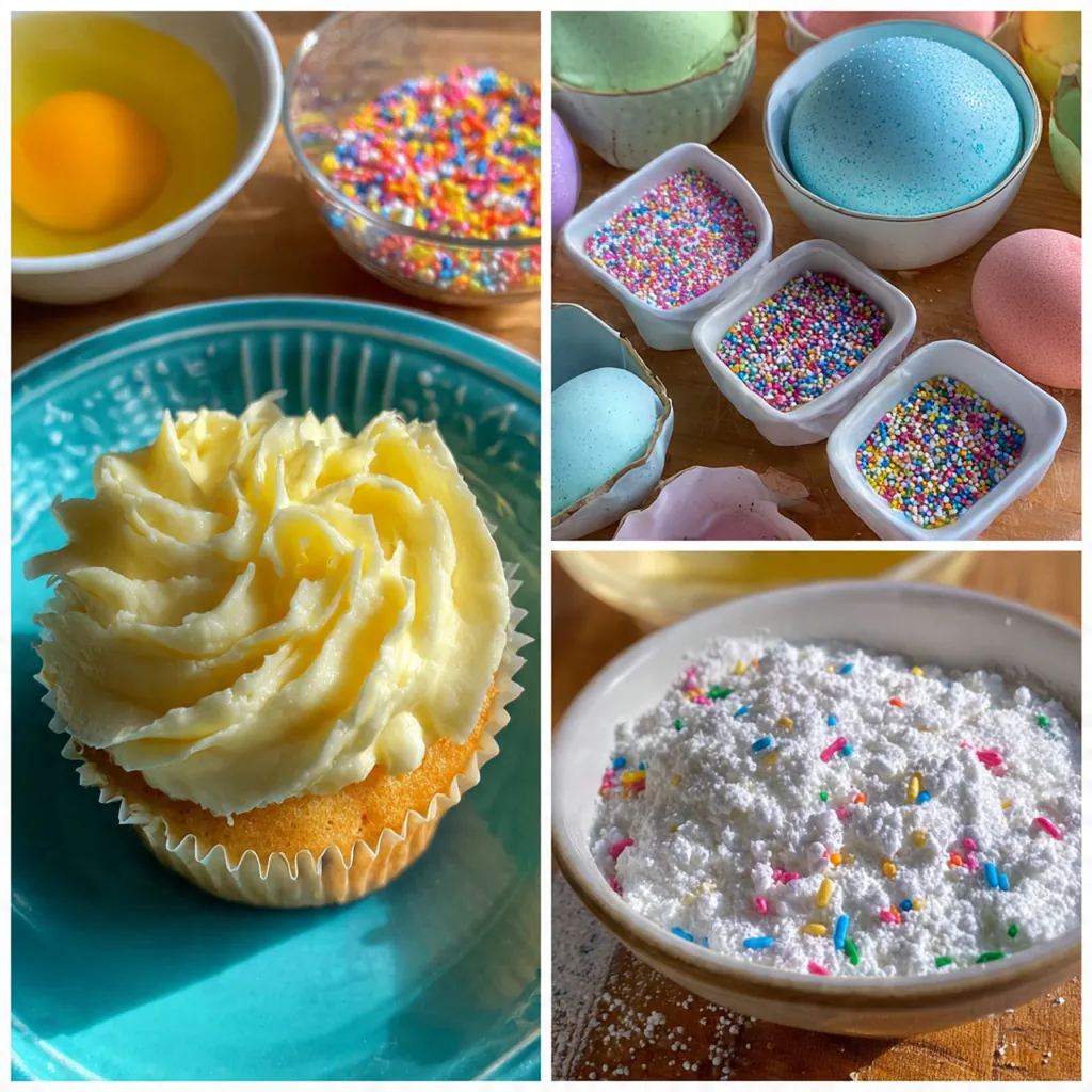 Close-up of a fluffy vanilla cupcake with a tall swirl of frosting and rainbow jimmies