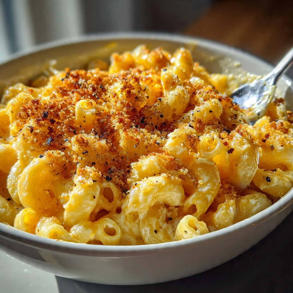 Close-up of a serving spoon scooping into the creamy, custardy interior of baked macaroni and cheese